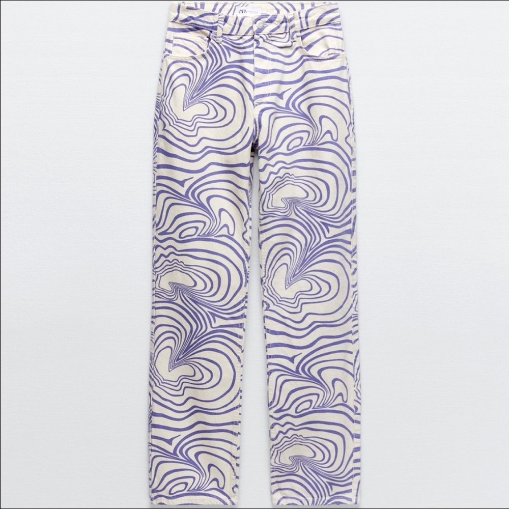 Zara white with purple swirl straight leg jeans